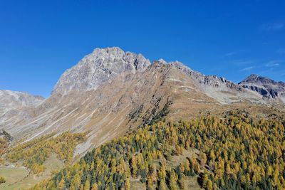 Scenic view of rocky mountains against clear blue sky