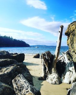 Rocks on beach against sky