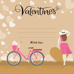 Digital composite image of woman with bicycle standing against pink wall