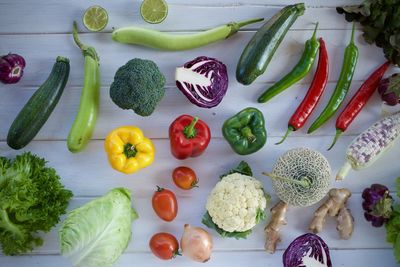 Directly above shot of fruits and vegetables on table