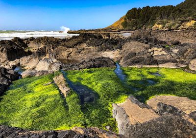 Scenic view of rocks on land against sky