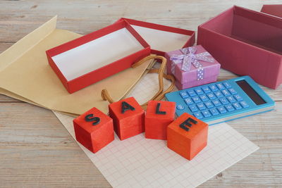 High angle view of toy blocks on table