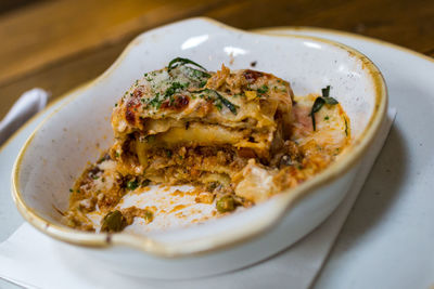 High angle view of lasagna in plate on table