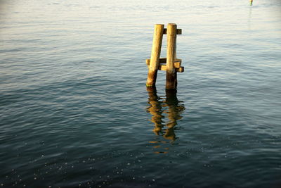 High angle view of wooden post in lake