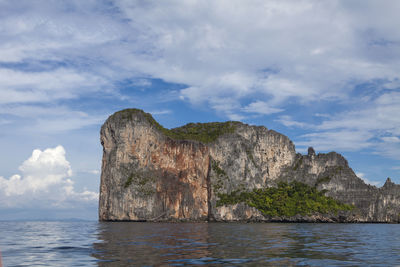 Rock formations by sea against sky