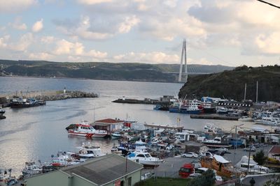 High angle view of boats moored in harbor