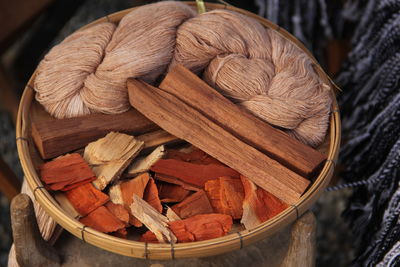 High angle view of bread in basket