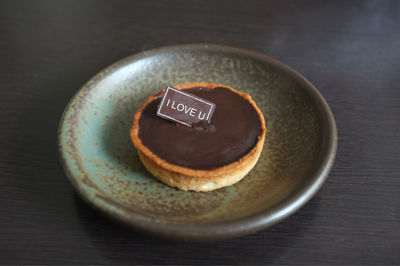 High angle view of dessert in plate on table