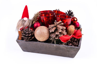 High angle view of christmas decorations on white background