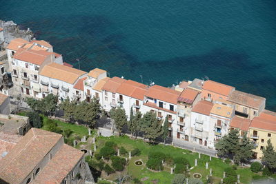 High angle view of buildings in city