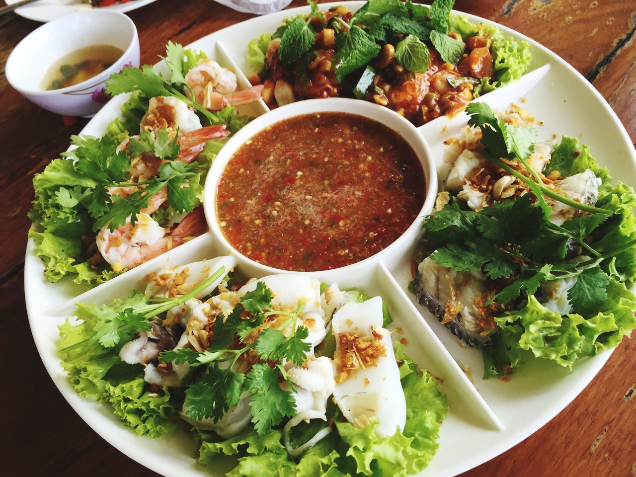 food and drink, food, freshness, indoors, ready-to-eat, plate, healthy eating, table, meal, serving size, still life, vegetable, high angle view, salad, bowl, close-up, served, meat, soup, healthy lifestyle