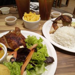 High angle view of food served on table