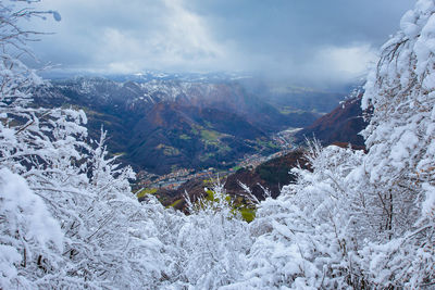 Aerial view of snowcapped mountains against sky