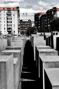 Low angle view of staircase against buildings in city
