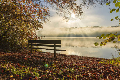 Scenic view of park by lake against sky during autumn