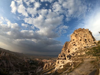 Fisheye view of uchisar castle. cappadocia. turkey