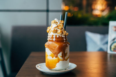 Close-up of ice cream on table