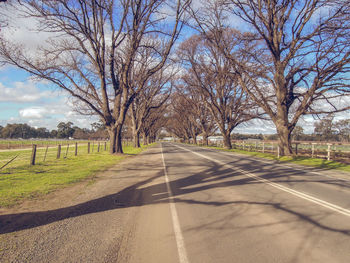 Empty road along bare trees on field