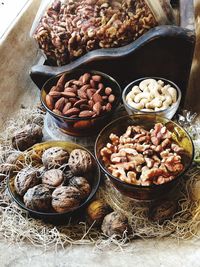 High angle view of fruits in bowl on table