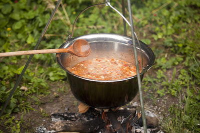 High angle view of food being prepared on bonfire at campsite