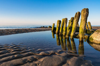 Scenic view of sea against clear blue sky