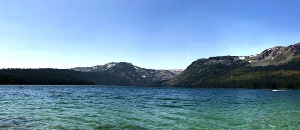 Scenic view of lake and mountains against clear blue sky