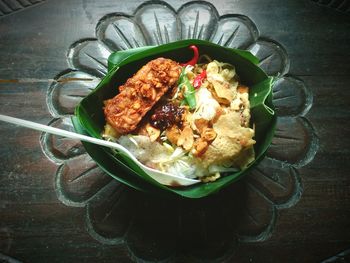 High angle view of food in bowl on table