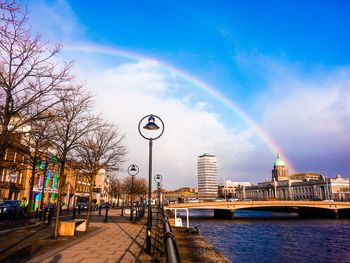 Bridge over river with buildings in background