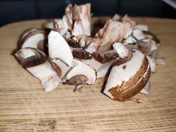 Close-up of chopped mushrooms on table