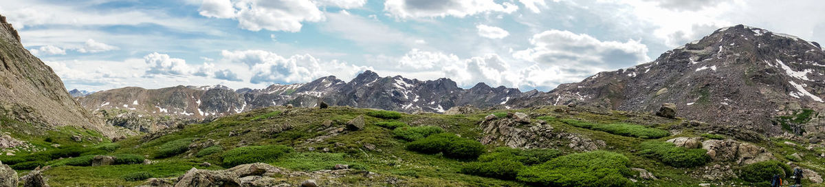 Scenic view of mountains against cloudy sky