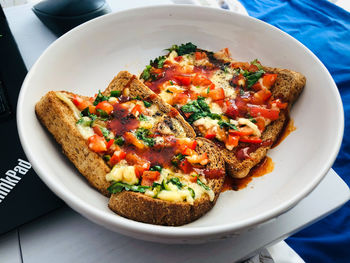 High angle view of breakfast served in plate