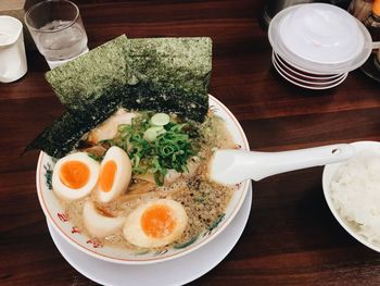 High angle view of soup in bowl on table