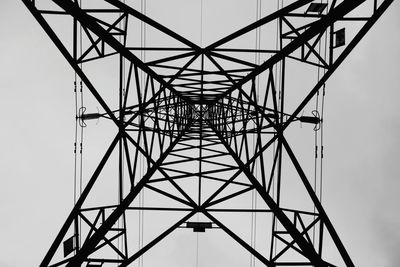 Directly below shot of silhouette electricity pylon against clear sky