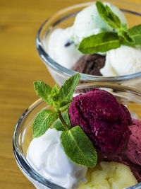 Close-up of ice cream garnish with mint in bowl on table