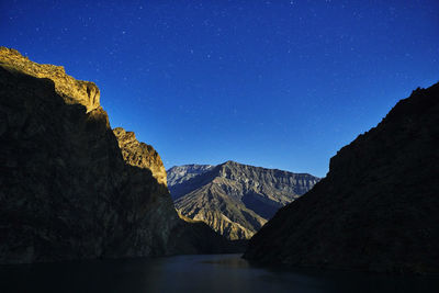 Scenic view of mountains against sky at night