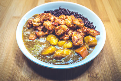 High angle view of meal served in bowl on table