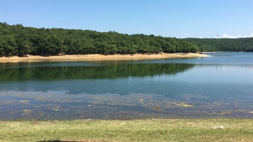 Scenic view of lake against clear blue sky