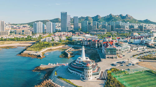 High angle view of city at waterfront