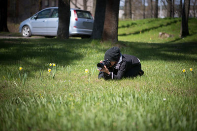 Woman photographing daffodil