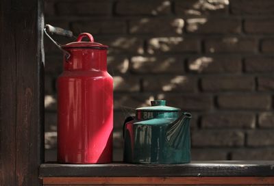 Close-up of drink in glass jar on table