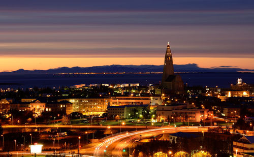 A dusk cityscape of reykjavik, iceland. viewed from the perlan viewing platform.