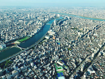 High angle view of tokyo city buildings from tokyo tower