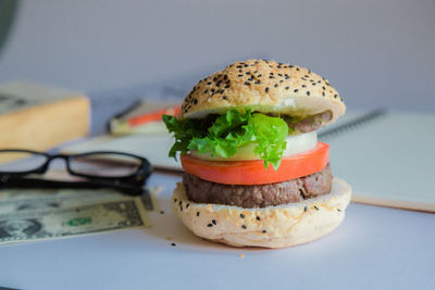 Close-up of burger in plate