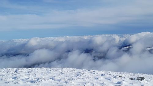 Scenic view of snow covered mountains against sky