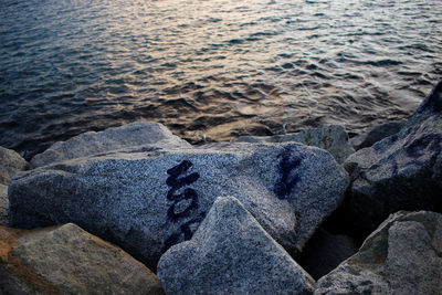 High angle view of rocks on beach