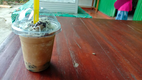 High angle view of drink on table
