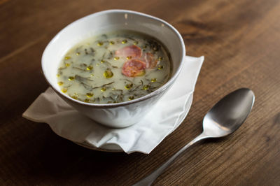 High angle view of soup in bowl on table