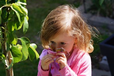 Close-up of girl holding pink flower