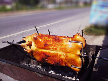 Close-up of food on barbecue grill