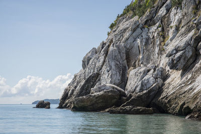 Rock formations in sea against sky